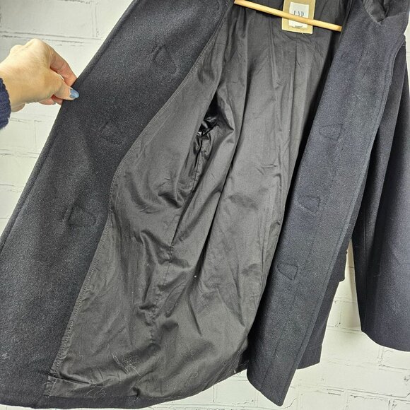 Gap Wool Blend Hooded Duffle Pea Coat Womens M Navy Black Winter Heavy Warm - Picture 6 of 16